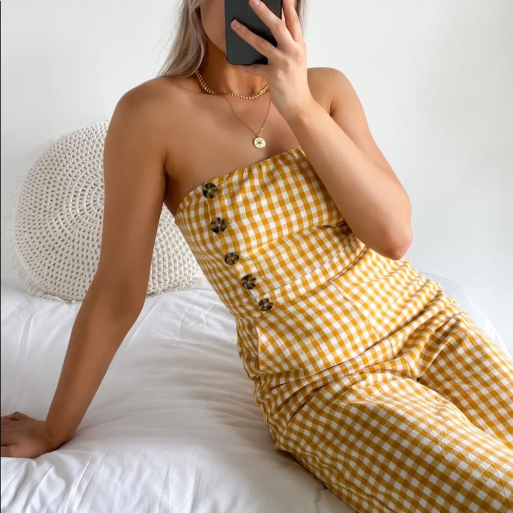 Lulus Skyline Mustard Yellow Gingham Strapless Culotte Jumpsuit